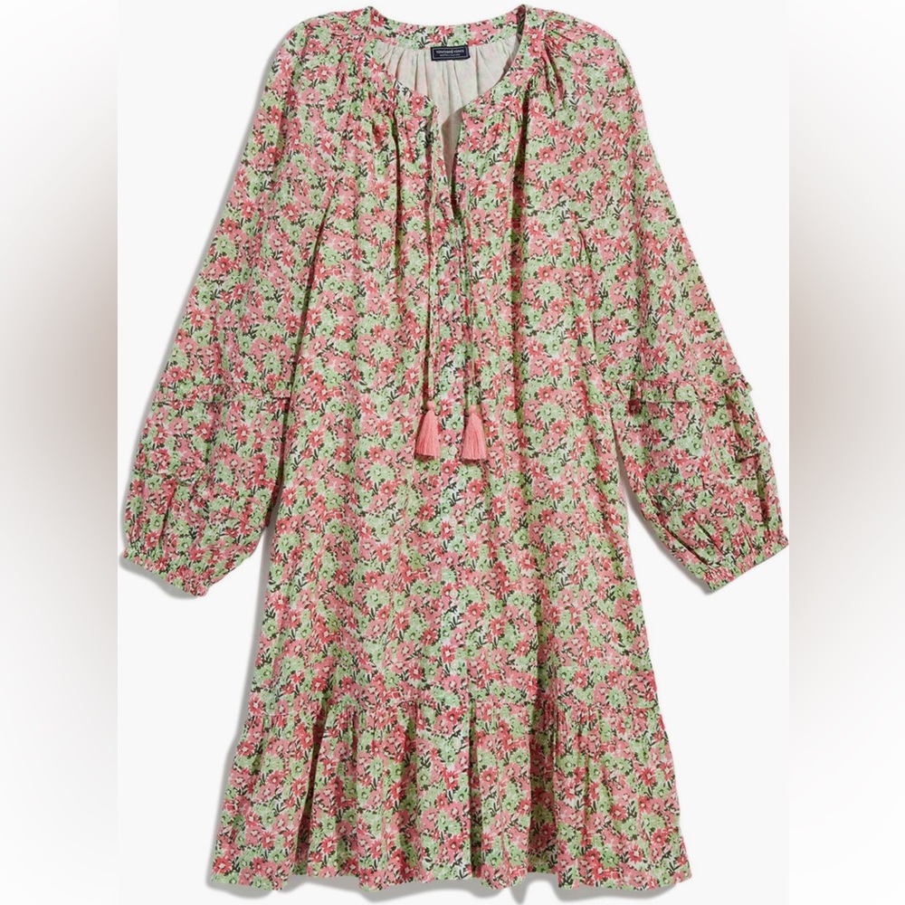 Vineyard Vines Pink Green Floral Ruffle Flounce Swing Dress